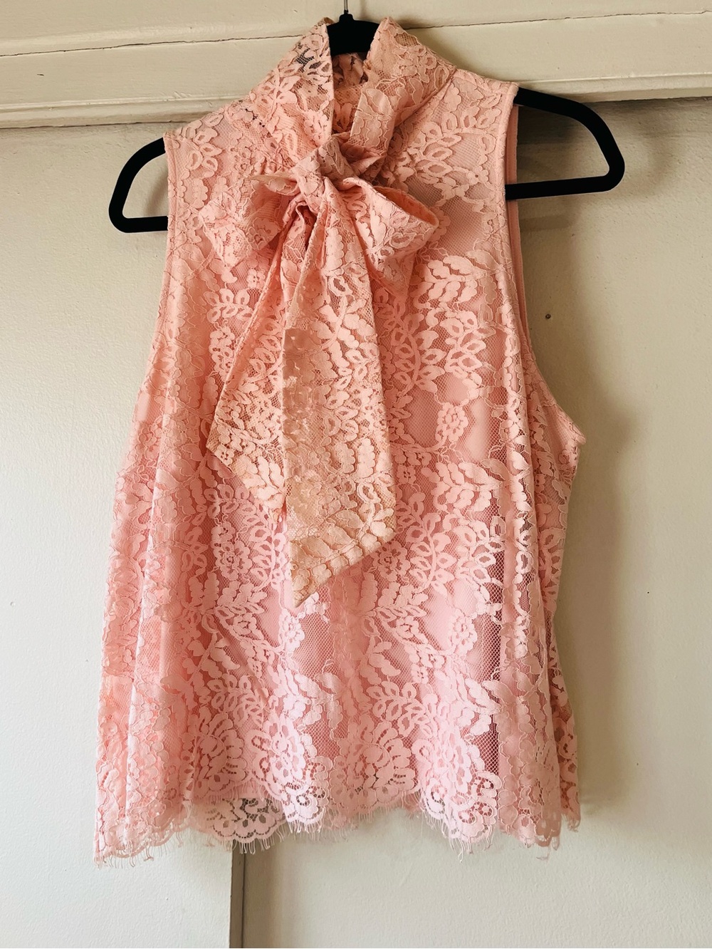 Lace Bow neck tie sleeveless Blouse - Peach size XL